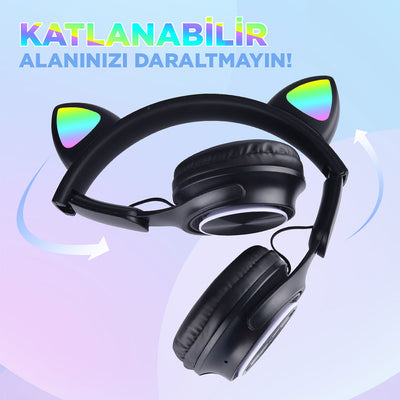 Zore M6 Pro Cat RGB Led Işıklı Kedi Kulağı Band Tasarımlı Ayarlanabilir ve Katlanabilir Kulak Üstü Bluetooth Kulaklık Pembe