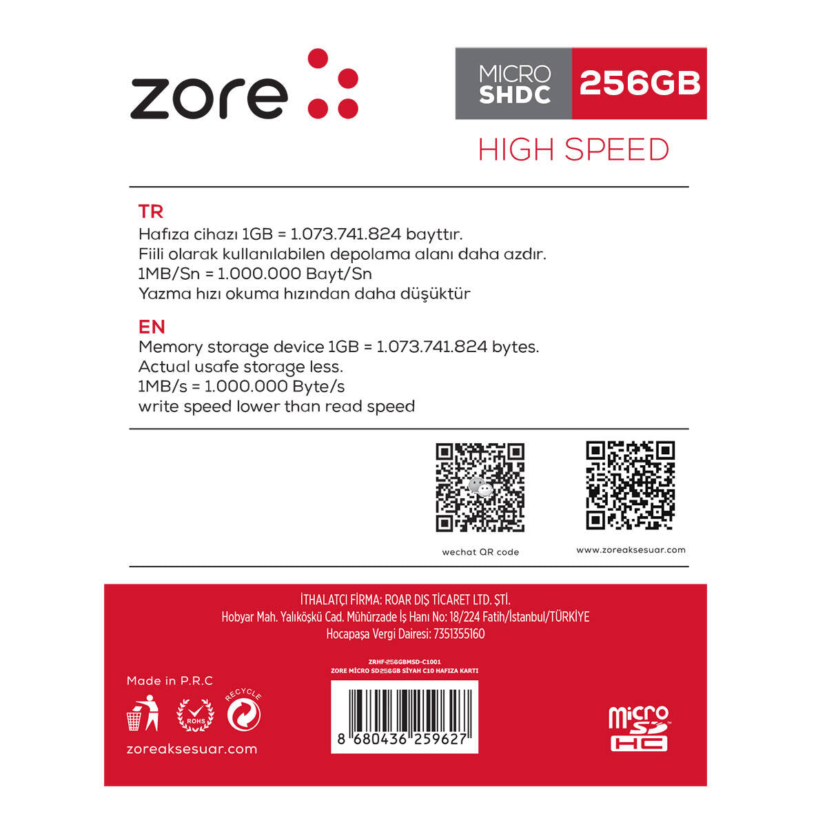 Zore Micro SD Hafıza Kartı 256GB