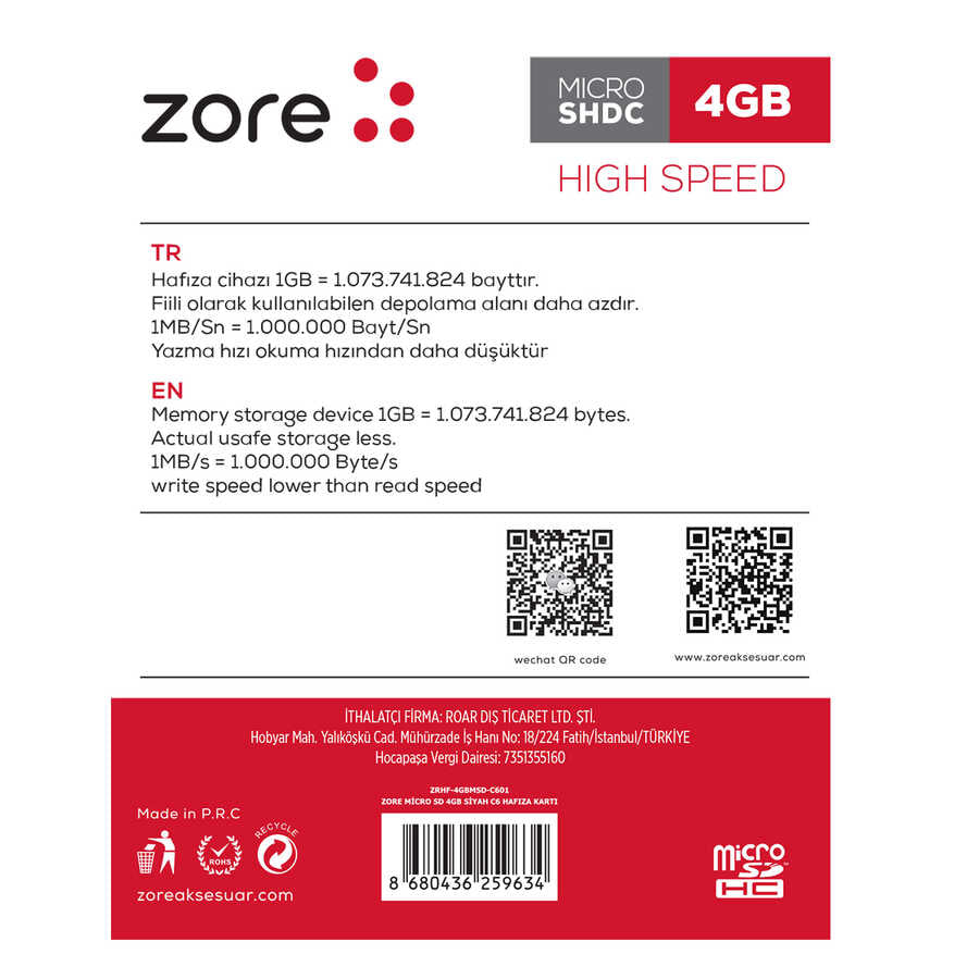 Zore Micro SD Hafıza Kartı 4GB